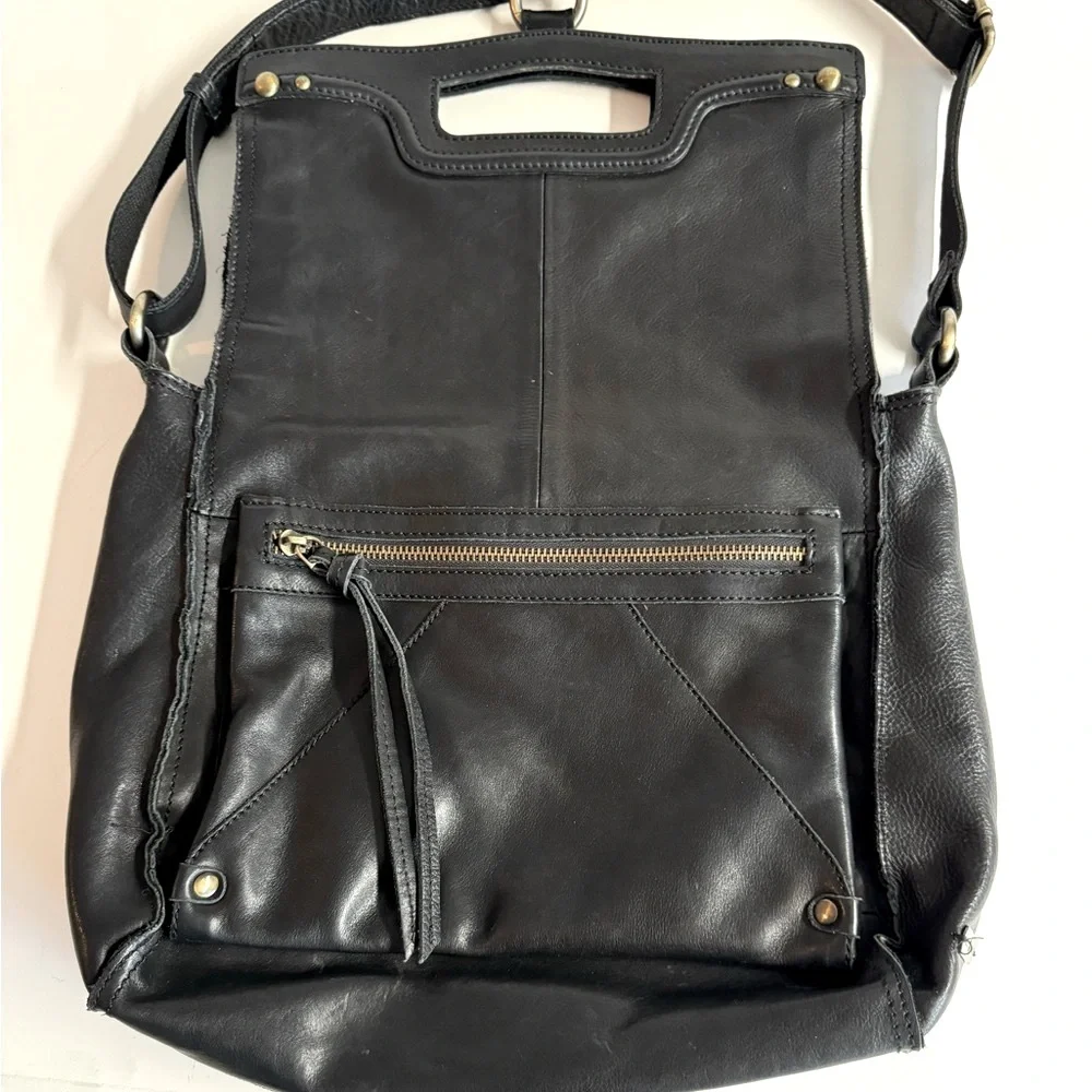 Lucky Brand Abbey fold over black leather studded messenger bag.Very Clean.